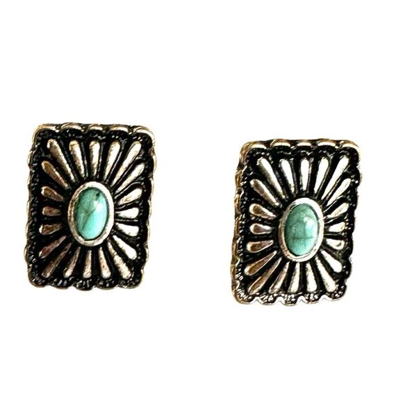 Silver tone and turquoise blue rectangular post earrings - Picture 2 of 6